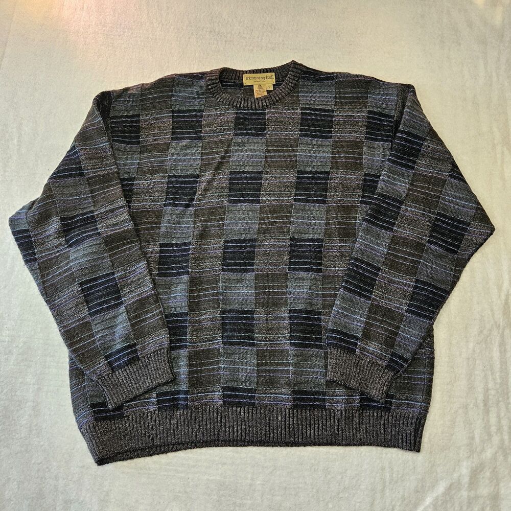 Tricots St. Raphael Mens Merino Wool Sweater Geometric Knit Gray Black Brown L